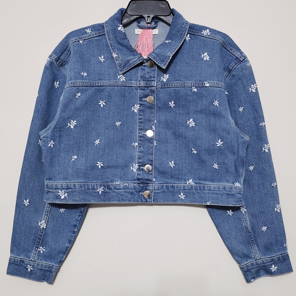 Chelsea&Violet Women's Denim Jacket Large Blue Medium Wash Embroidery Floral 371 - Picture 4 of 15